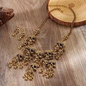 Halloween Bronze Skull Necklace & Earrings Set – Statement Punk Jewelry
